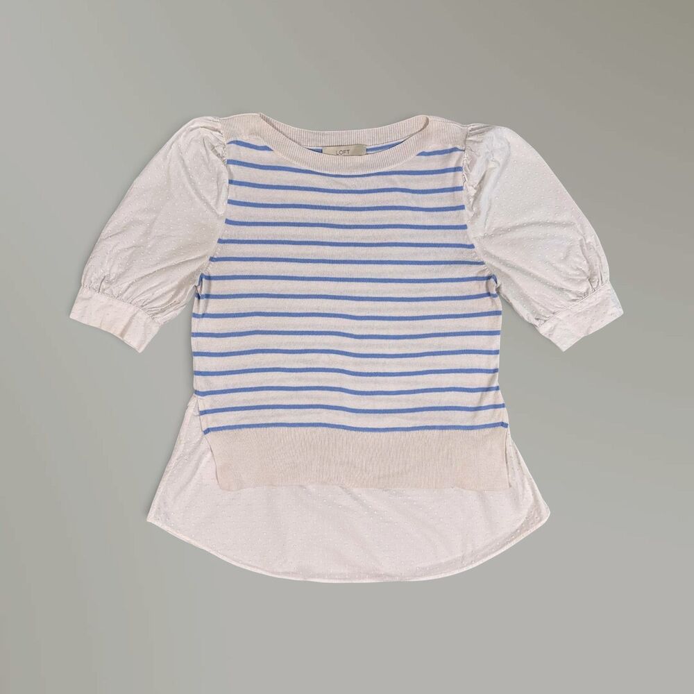 LOFT Women's White Blue Striped Faux Two Piece Puff Sleeve Top Size Large